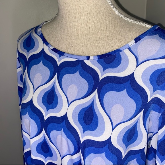 Susan Graver QVC Liquid Knit violet blue white fan print asymmetrical top Large - Picture 2 of 8